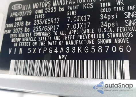 2019 Kia Sorento 2.4L L z USA, uszkodzony, nr VIN 5XYPG4A33KG587060